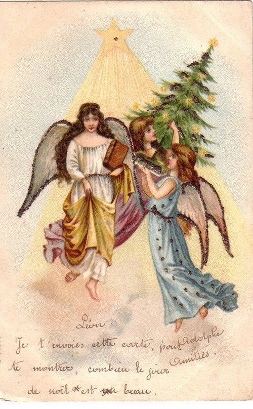 Victorian Christmas Angels Card with Gold Star & Tree