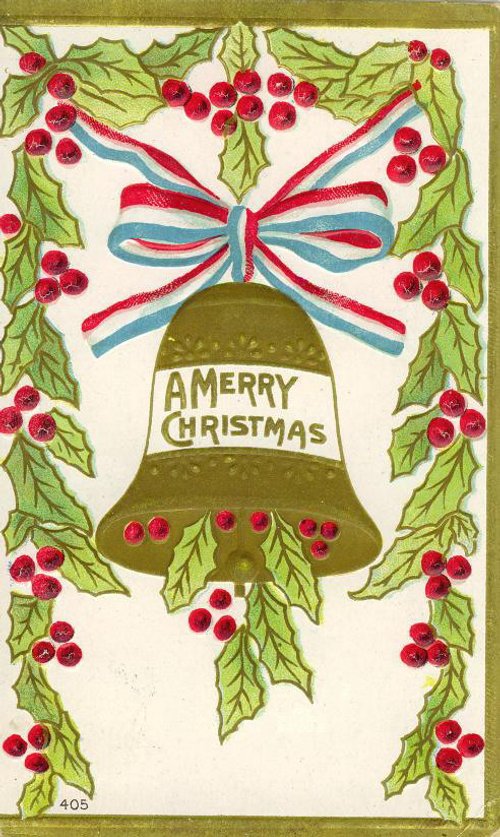 Vintage Christmas Greeting Card with Holly Bell and Ribbon Bow
