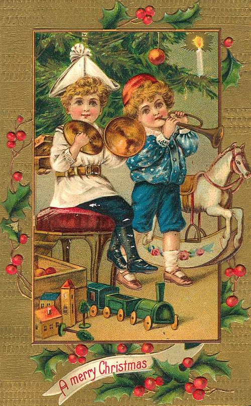 Victorian Christmas Card: Musical Children with Toys & Holly