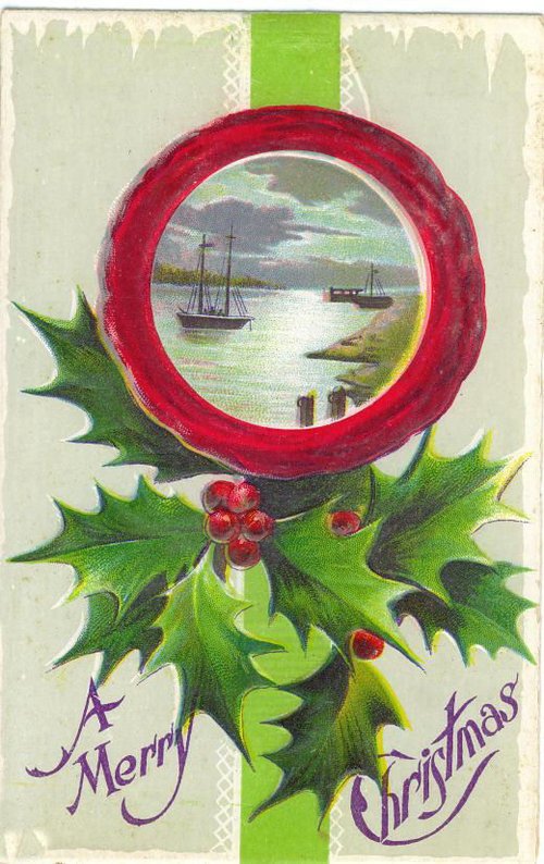 Victorian Christmas Greeting Card with Holly & Sailing Ships