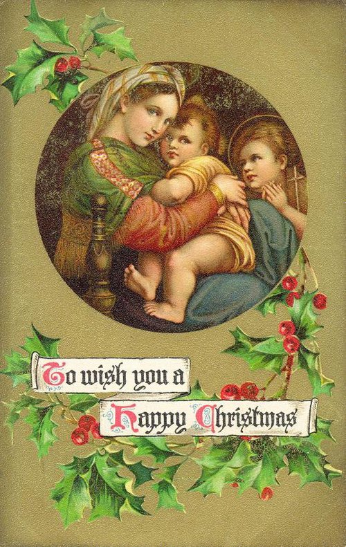 Victorian Christmas Card Madonna Child Holly Berries Religious