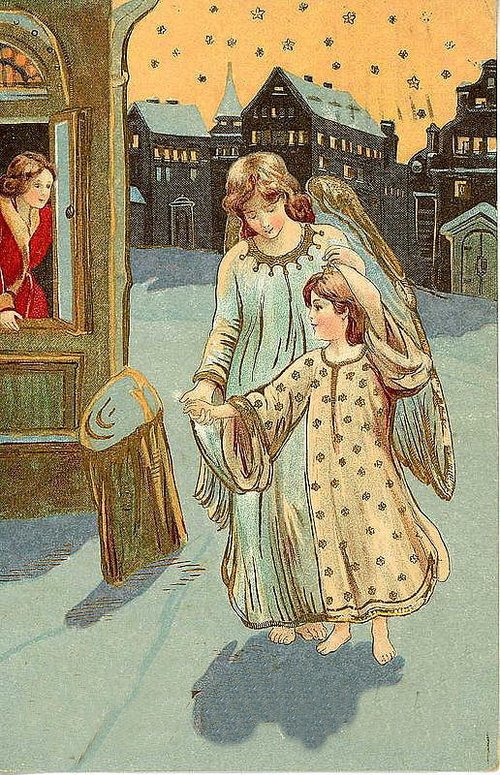 Vintage Christmas Card Angels Snow-Covered Town Victorian Era