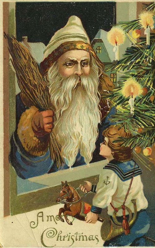Victorian Christmas Card: Father Christmas with Child & Decorated Tree