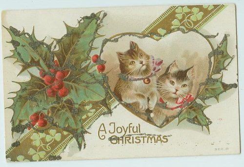 Victorian Christmas Kittens Holly Greeting Card 1890s