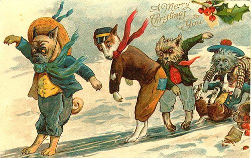 Victorian Anthropomorphic Dogs Christmas Card - Dressed Animals Holiday Greeting