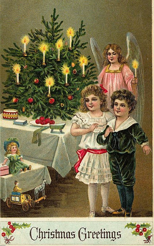 Victorian Christmas Greetings Card with Angels and Children