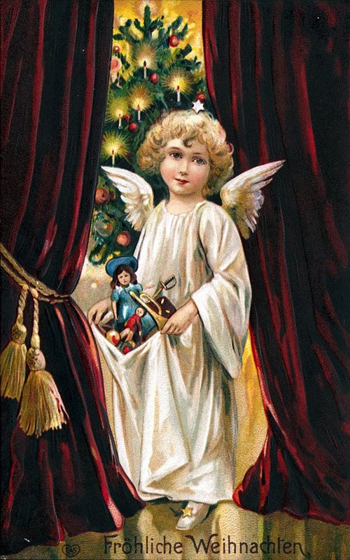 Victorian Christmas Angel with Toys - Vintage Holiday Greeting Card