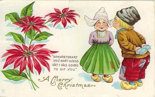 Vintage Christmas Greeting Card with Couple & Poinsettias