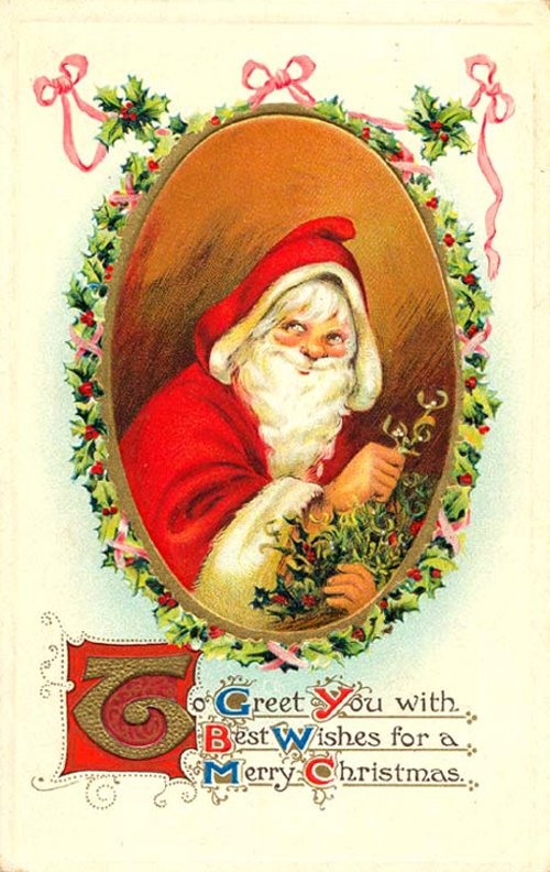 Victorian Santa Christmas Greeting Card with Holly & Pink Ribbons