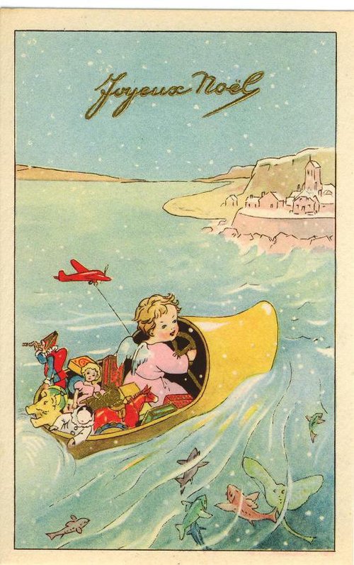 Vintage Joyeux Noël Christmas Card: Child Piloting Boat at Sea Near Village