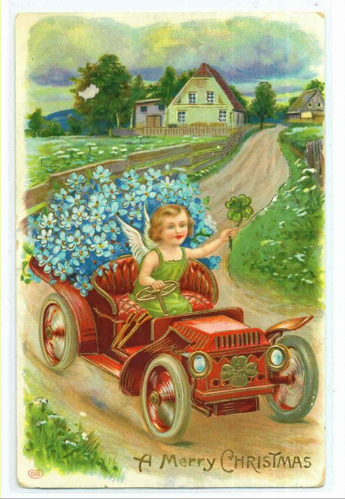 Vintage Christmas Card: Cherub in Red Auto, Early 1900s