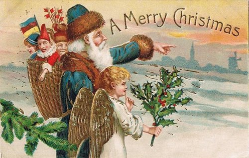 Victorian Christmas Card with Santa, Angel & Winter Landscape