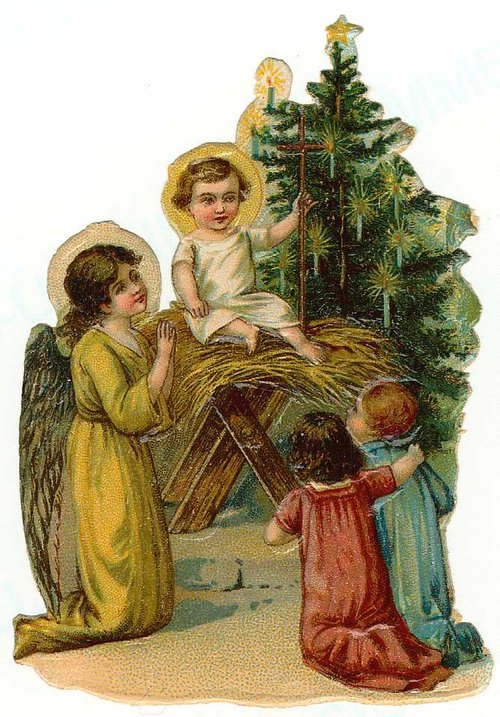 Victorian Christmas Angels Card with Holy Child & Evergreen Tree