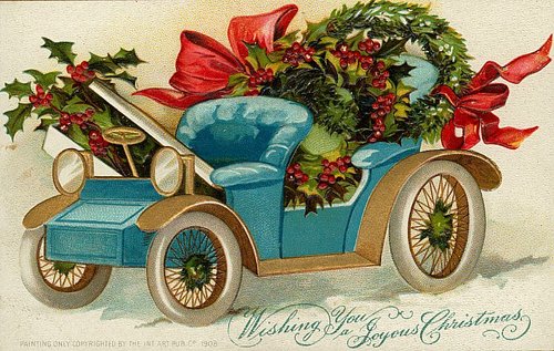 Edwardian Automobile Christmas Card with Holly and Red Ribbons
