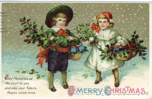 Victorian Christmas Greeting Card with Children & Holly Baskets