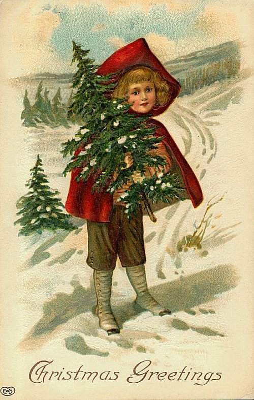 Victorian Christmas Greeting Card with Child and Christmas Tree