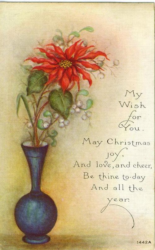 Vintage Christmas Greeting Card with Red Poinsettia in Blue Vase