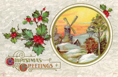 Victorian Christmas Greetings Card with Windmill Scene & Holly