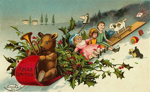 Victorian Christmas Limited Bear Children Sleigh Greeting Card