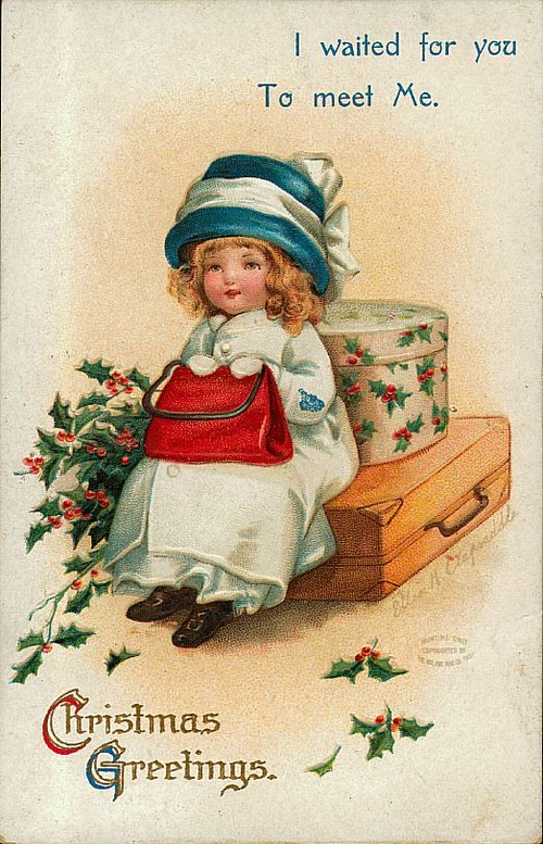 Victorian Christmas Greeting Card with Waiting Child - Vintage Holiday