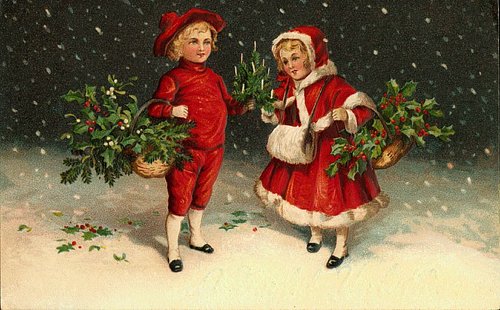 Victorian Christmas Children in Red Snow Scene Greeting Card