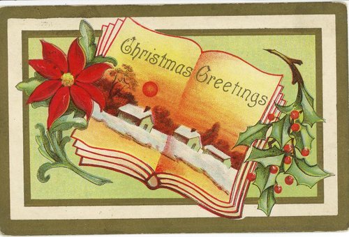 Victorian Christmas Greeting Card - Poinsettia Holly Design
