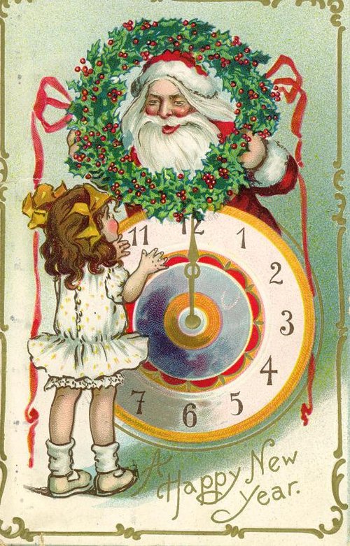 Victorian Santa Wreath New Year Clock Card | Vintage Greeting