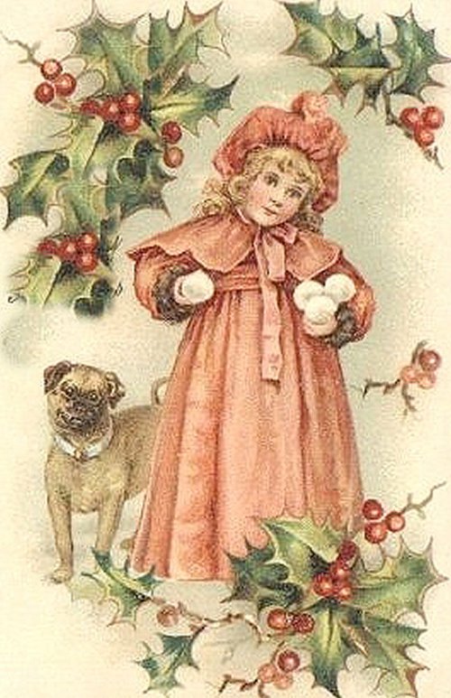 Victorian Christmas Card: Child with Holly & Dog, 1880s-1890s