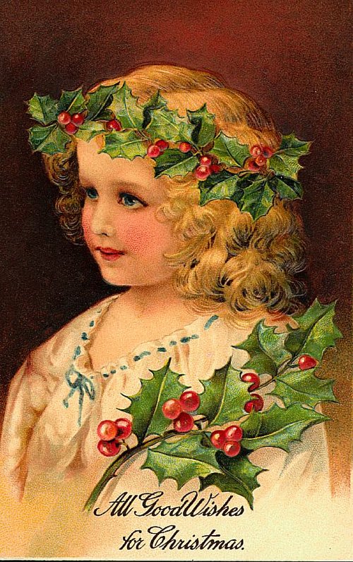 Victorian Christmas Greeting Card with Holly & Golden-Haired Child