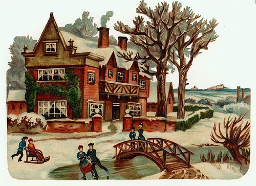 Victorian Winter Scene Greeting Card - Snow, Manor House & Sledding