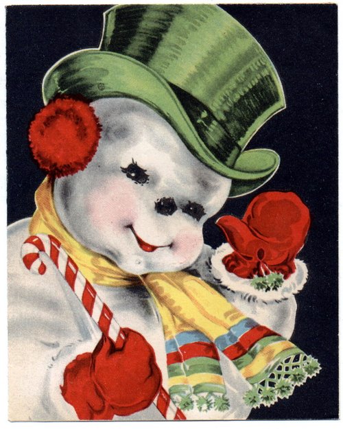 Vintage Smiling Snowman Christmas Greeting Card 1920s-1930s