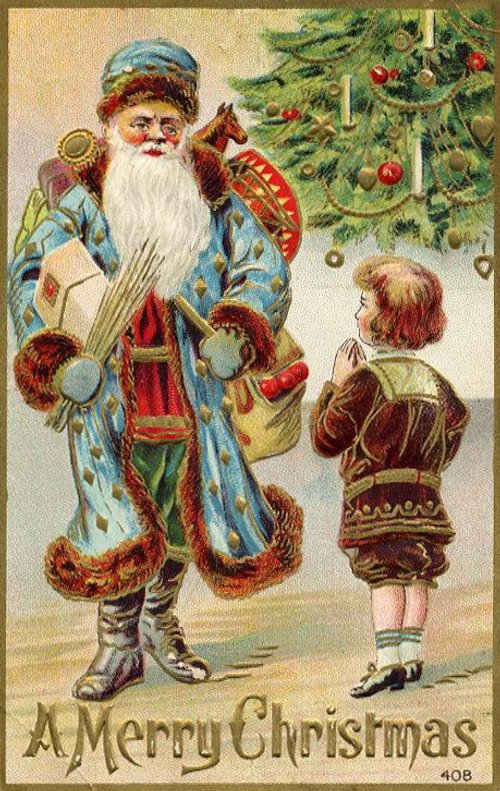Victorian Santa Claus Christmas Greeting Card, Blue Coat Design
