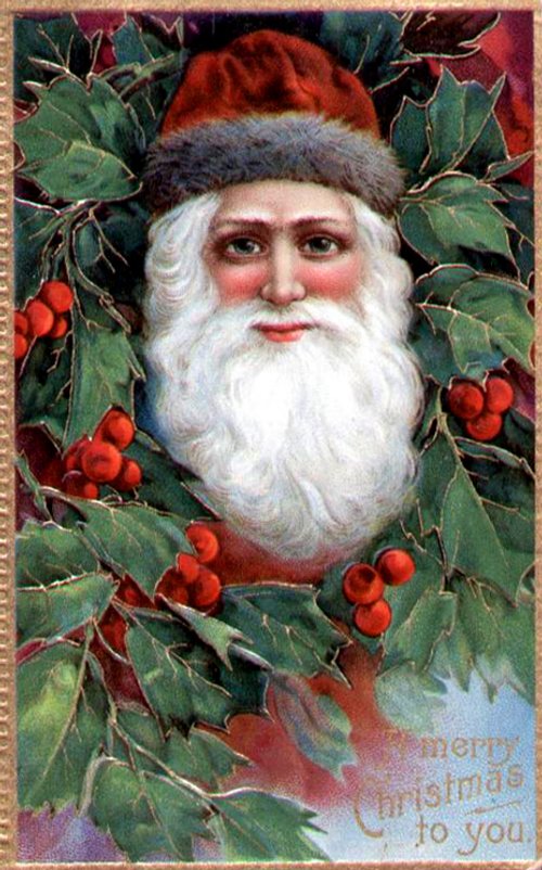 Victorian Santa Claus Christmas Card with Holly Berries