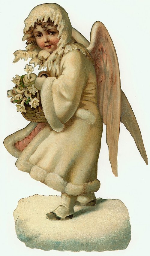 Victorian Angel Die-Cut with Flowers & Fur-Trimmed Hood