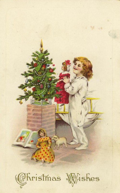 Victorian Christmas Wishes Greeting Card with Child in Pajamas and Tree
