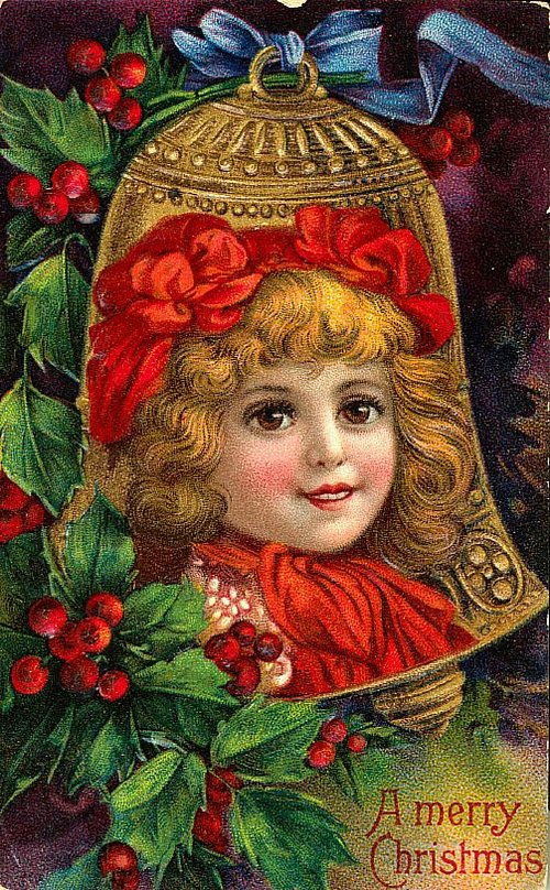 Victorian Christmas Greeting Card with Golden Bell and Child