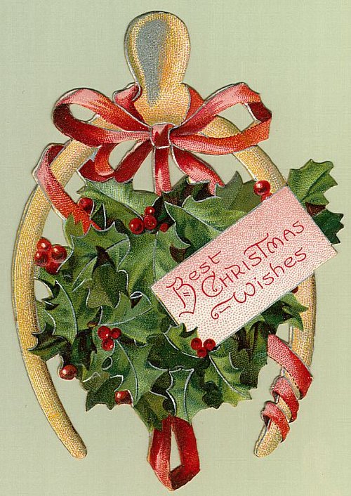 Victorian Christmas Greeting Card with Holly and Red Ribbon