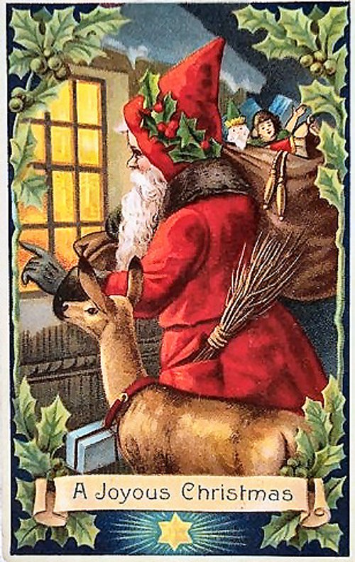 Victorian Santa Claus Christmas Greeting Card Holly Border