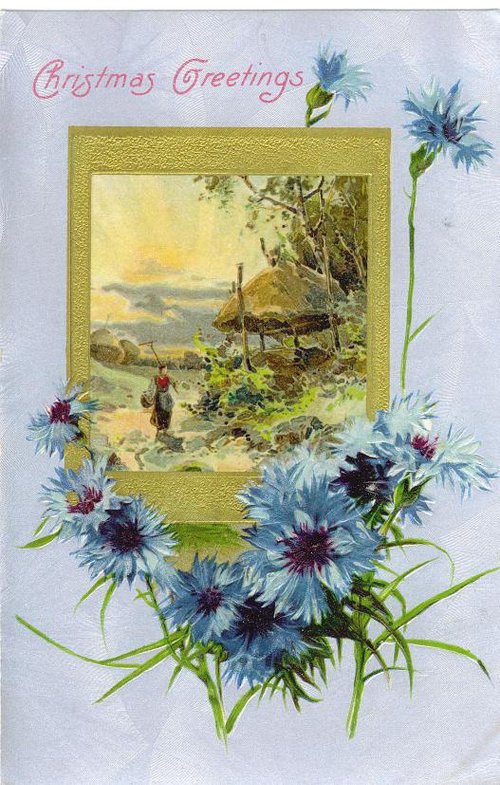 Victorian Christmas Greetings Card with Blue Cornflowers & Landscape Scene