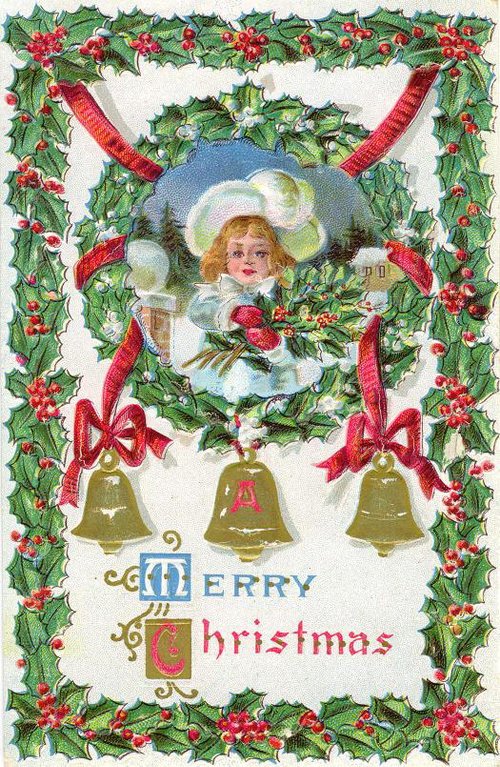 Victorian Merry Christmas Card with Angel Holly & Bells