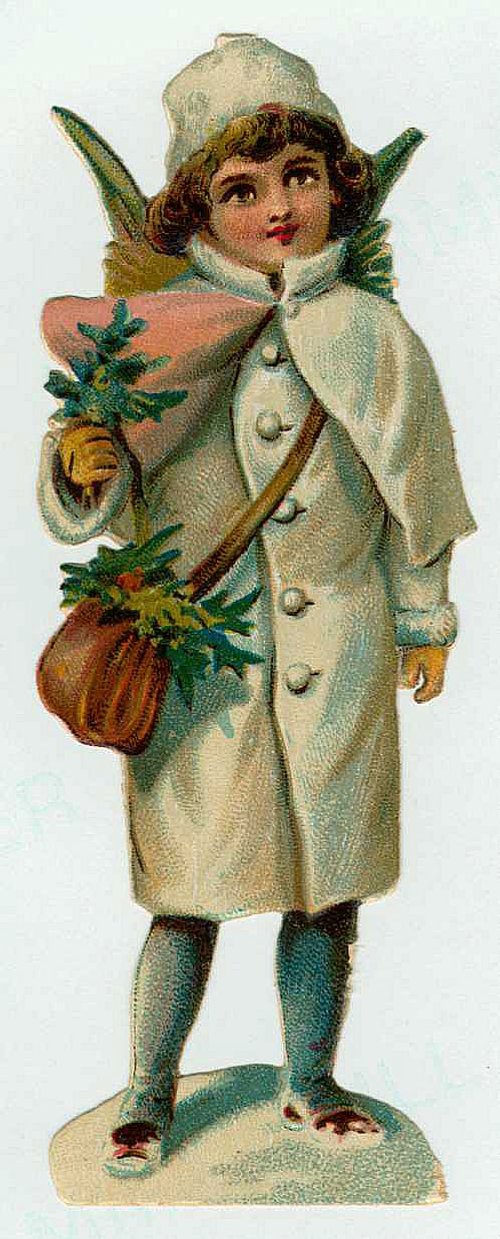 Victorian Winter Child Die-Cut Christmas Card with Evergreen