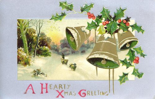 Victorian Christmas Greeting Card with Snowy Scene & Holly Bells