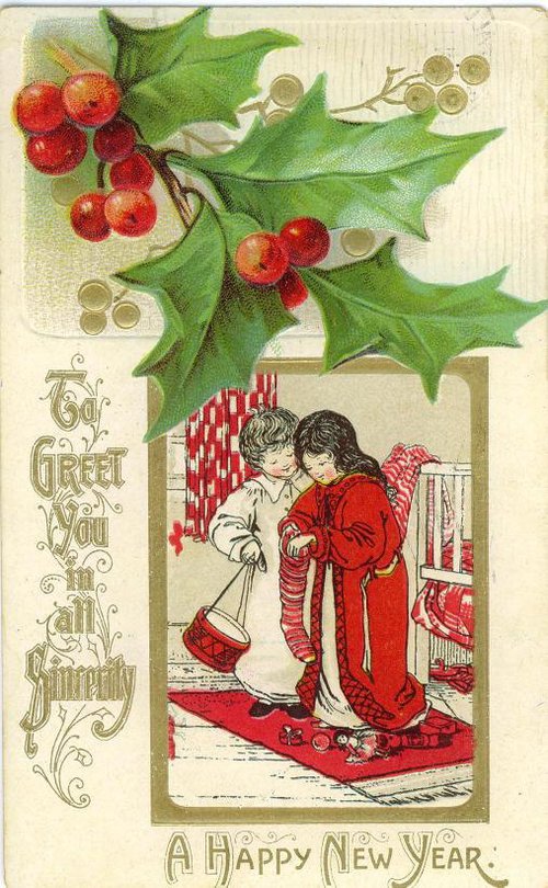 Victorian New Year Holly Greeting Card with Children, 1890s