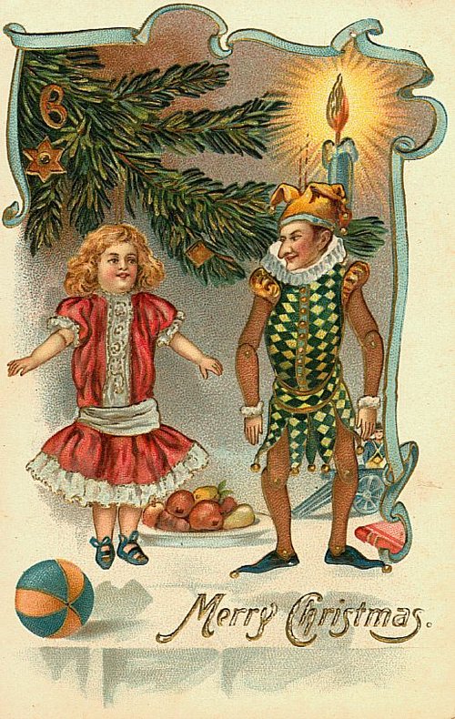 Victorian Christmas Greeting Card: Jester & Girl with Evergreen
