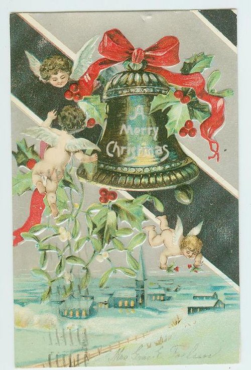 Victorian Christmas Card with Angels, Bell & Winter Landscape