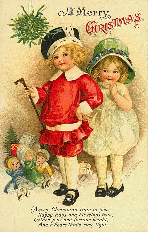 Victorian Christmas Card with Children & Mistletoe - Edwardian Era