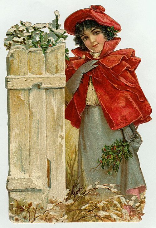 Victorian Christmas Girl in Red Cape with Holly Die-Cut