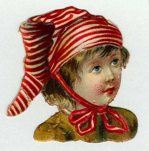 Victorian Die-Cut Child in Red Striped Bonnet - Vintage Greeting Card