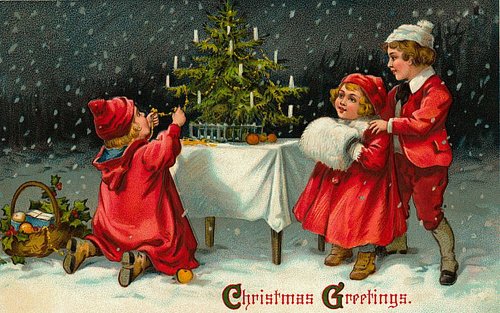 Victorian Christmas Greetings Card with Children & Snowy Scene