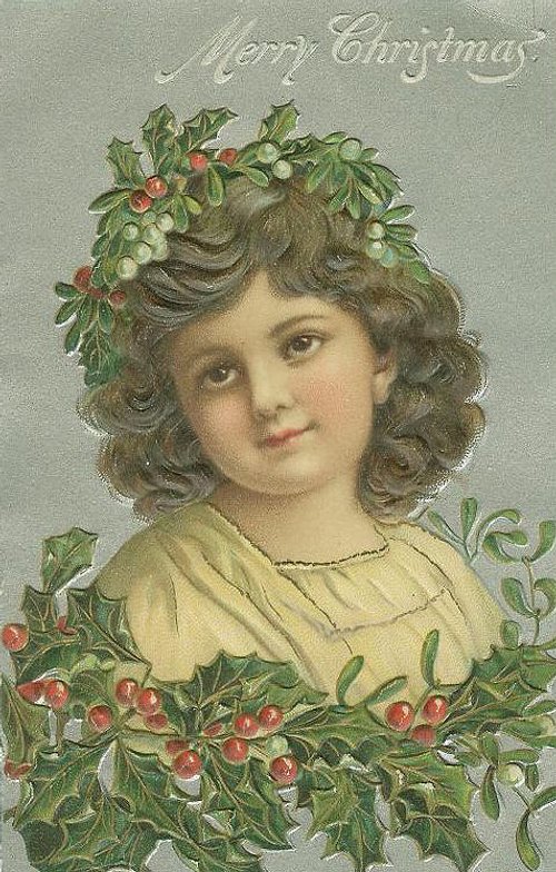 Victorian Christmas Greeting Card with Child & Holly Berries